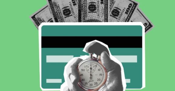 Increase Earnings. - Illustration of cutout person hand timing stopwatch against credit card and cash money on green background